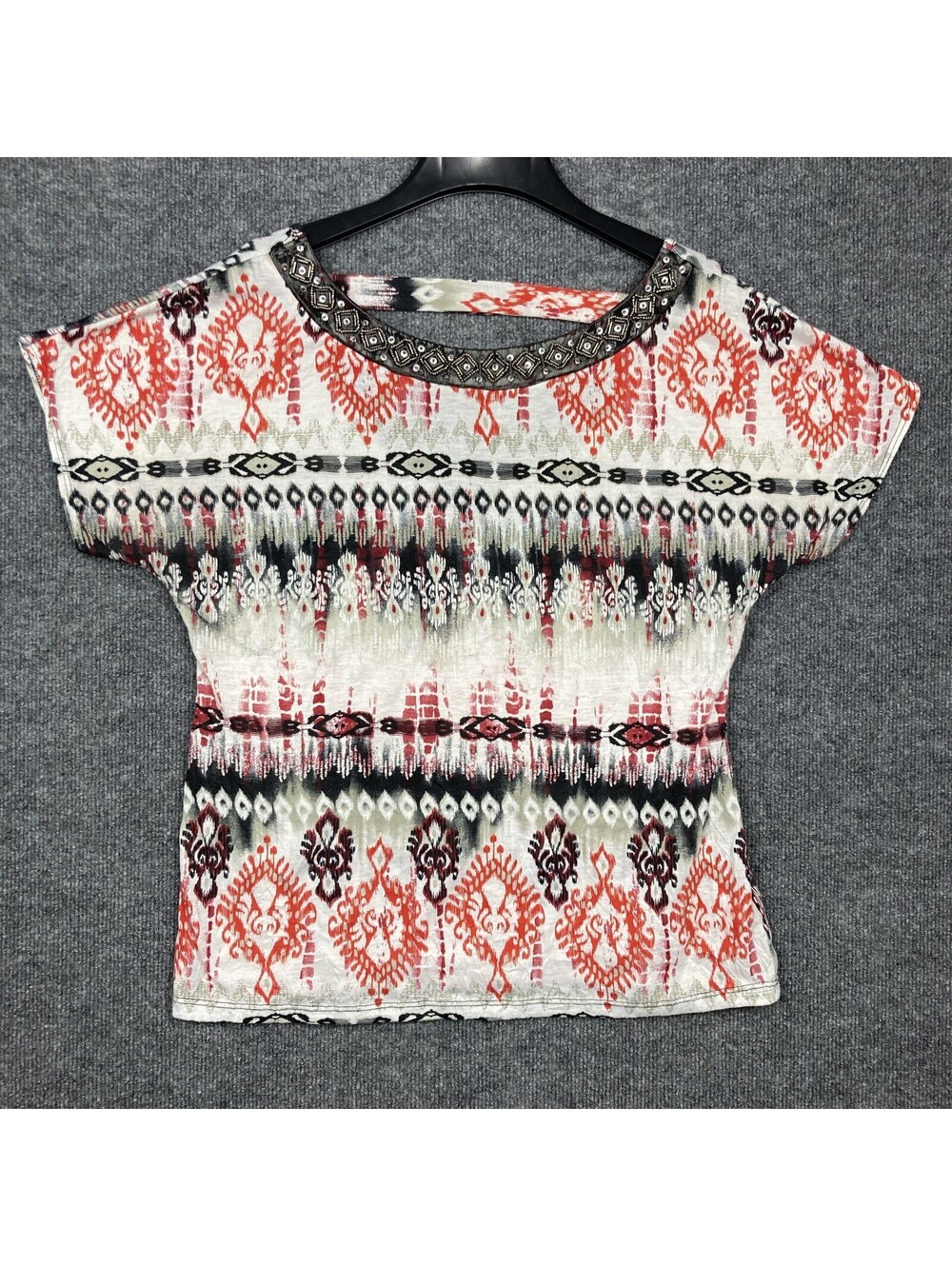 AB Studios Womens Size XL Red White Black Pattern Beaded Blouse Top Shirt EUC